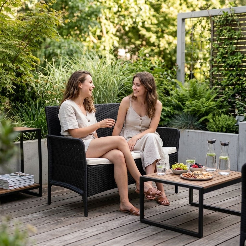 Two-Seater Outdoor Sofa with Cushion, Rattan Effect