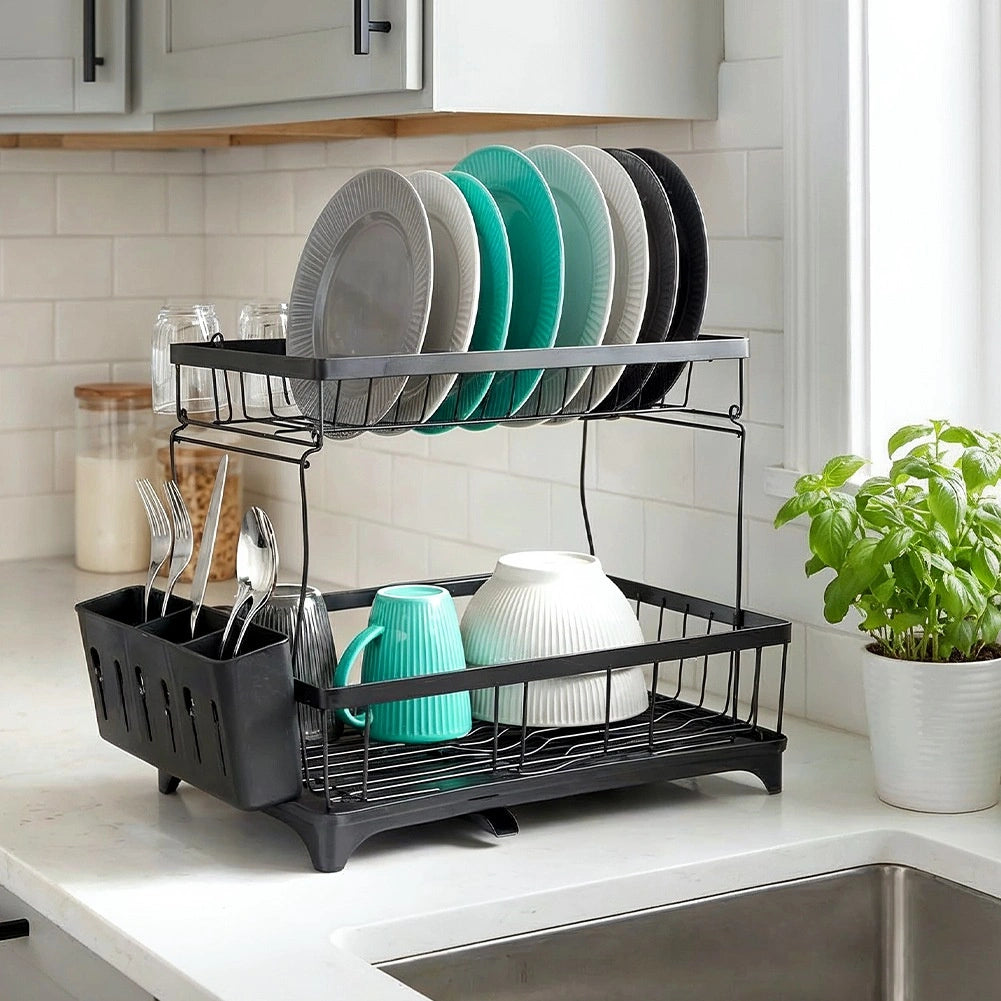 Two-Tier Metal Dish Rack, Black, 49.5x30x34 cm