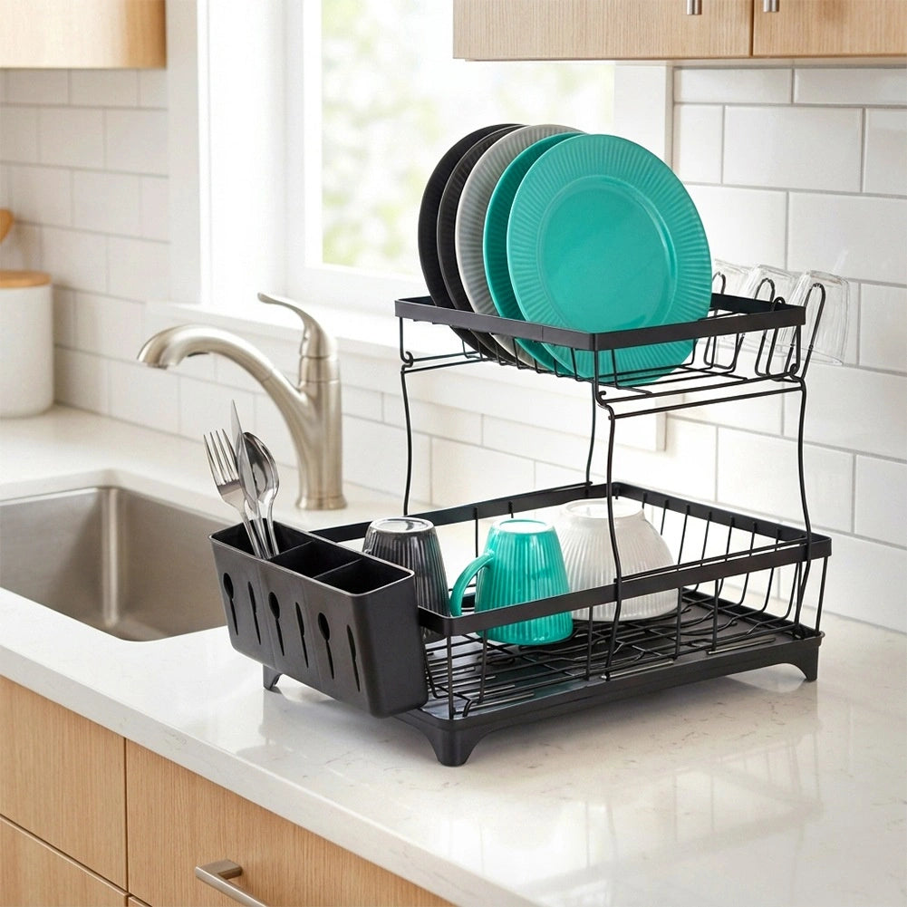 Two-Tier Metal Dish Rack, Black, 49.5x30x34 cm