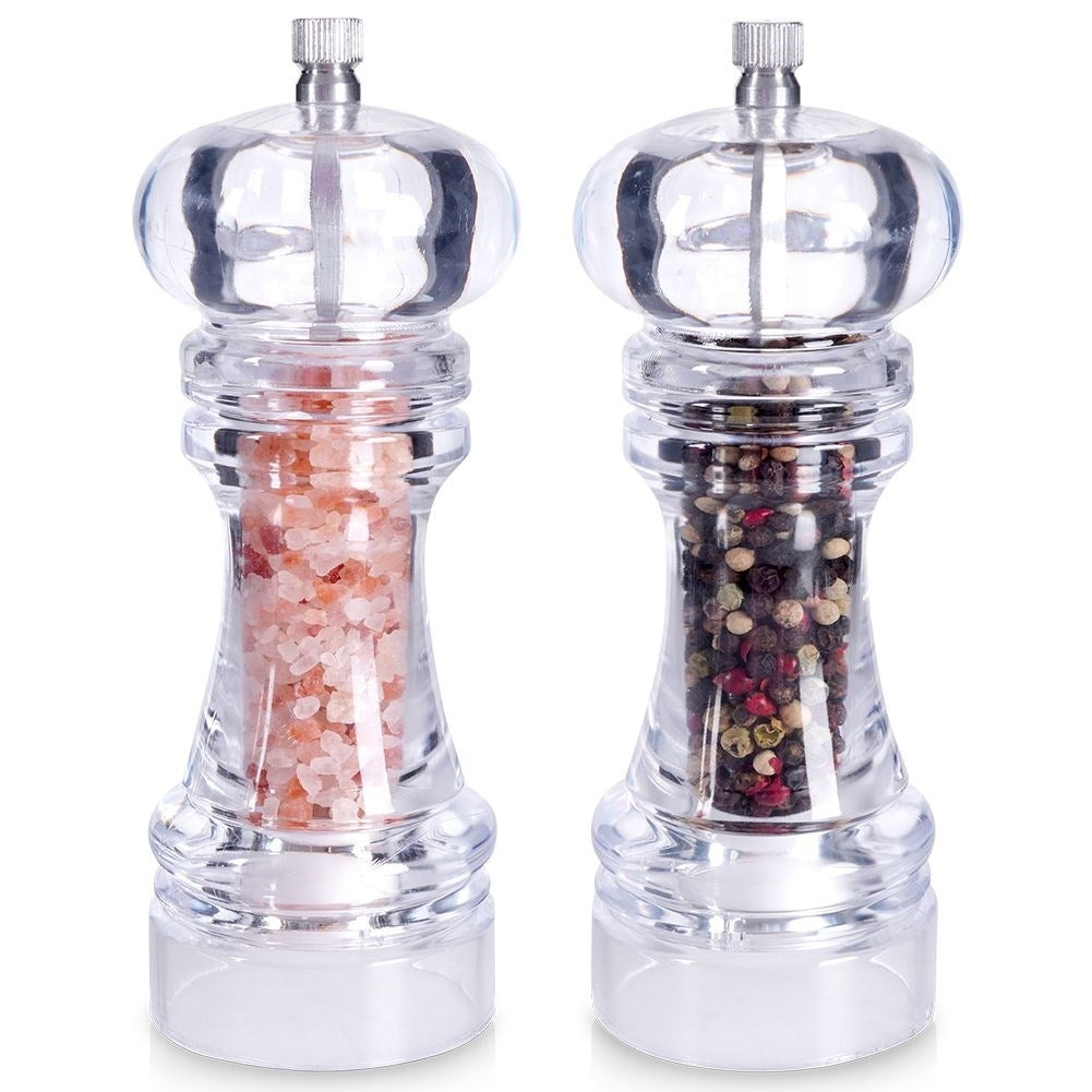 Two acrylic hand grinders for pepper & salt with ceramic grinding