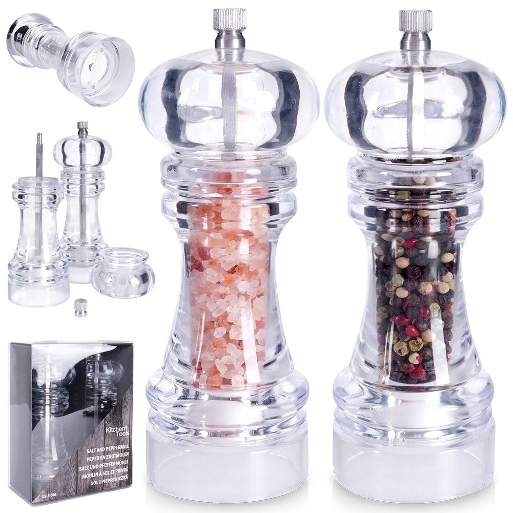 Two acrylic hand grinders for pepper & salt with ceramic grinding