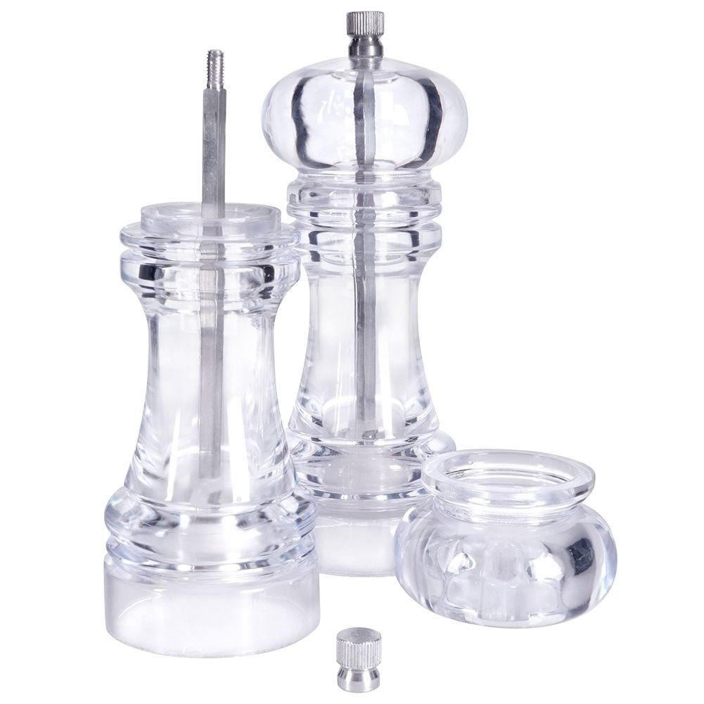Two acrylic hand grinders for pepper & salt with ceramic grinding