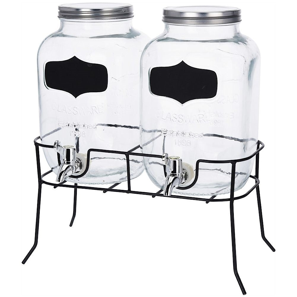 Two beverage containers with taps and metal lids on racks