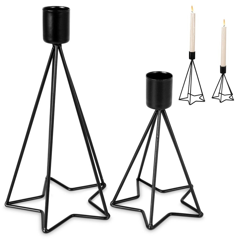 Two black metal candlesticks with star base