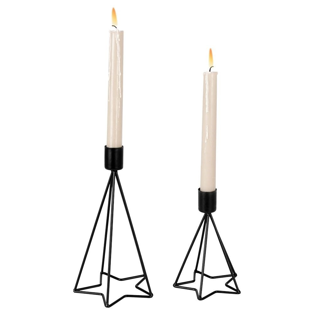 Two black metal candlesticks with star base