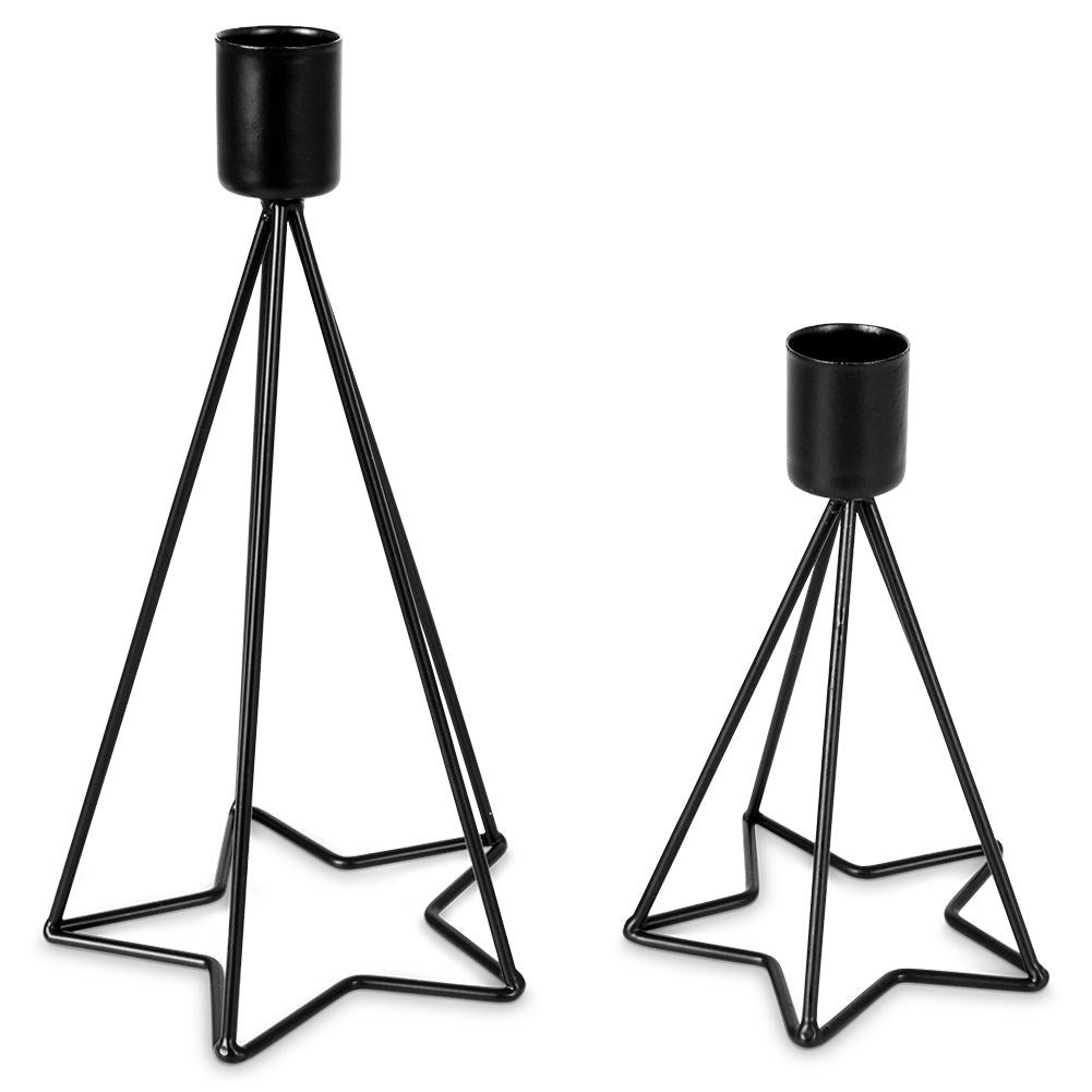 Two black metal candlesticks with star base