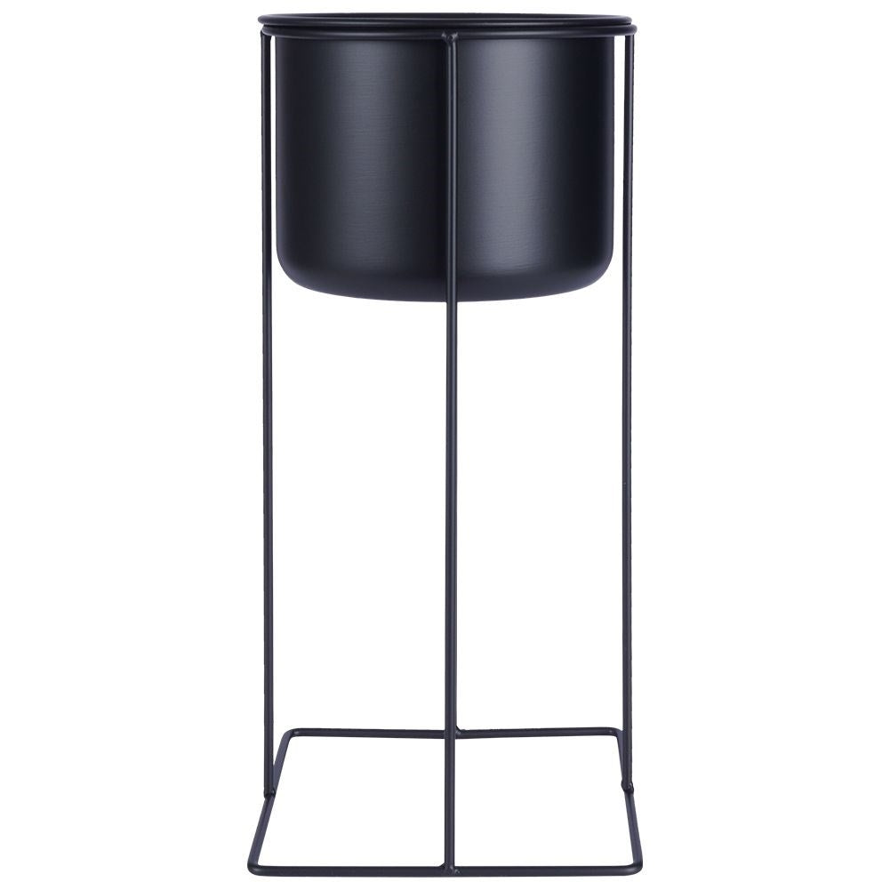 Two black metal pots with stands, different sizes