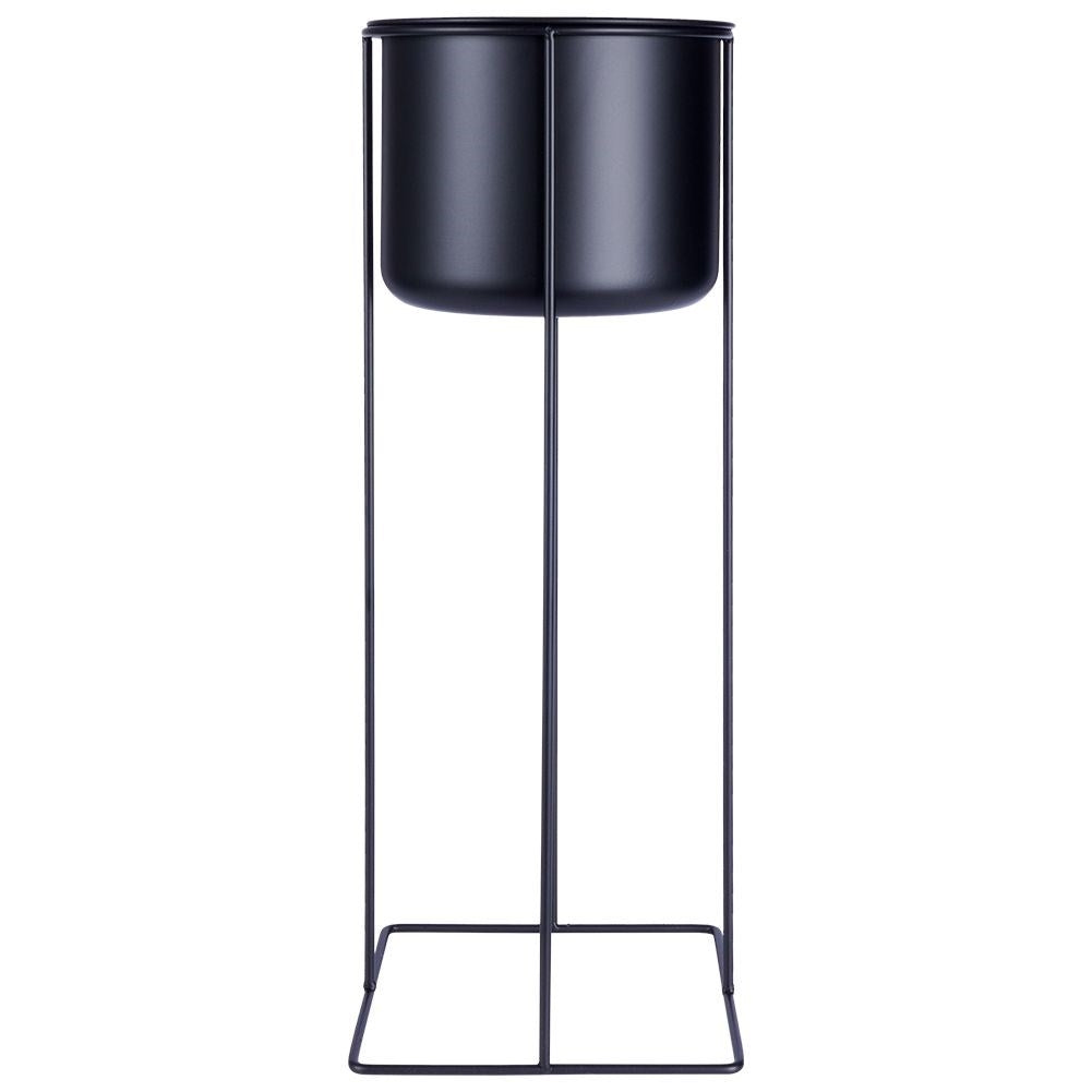 Two black metal pots with stands, different sizes