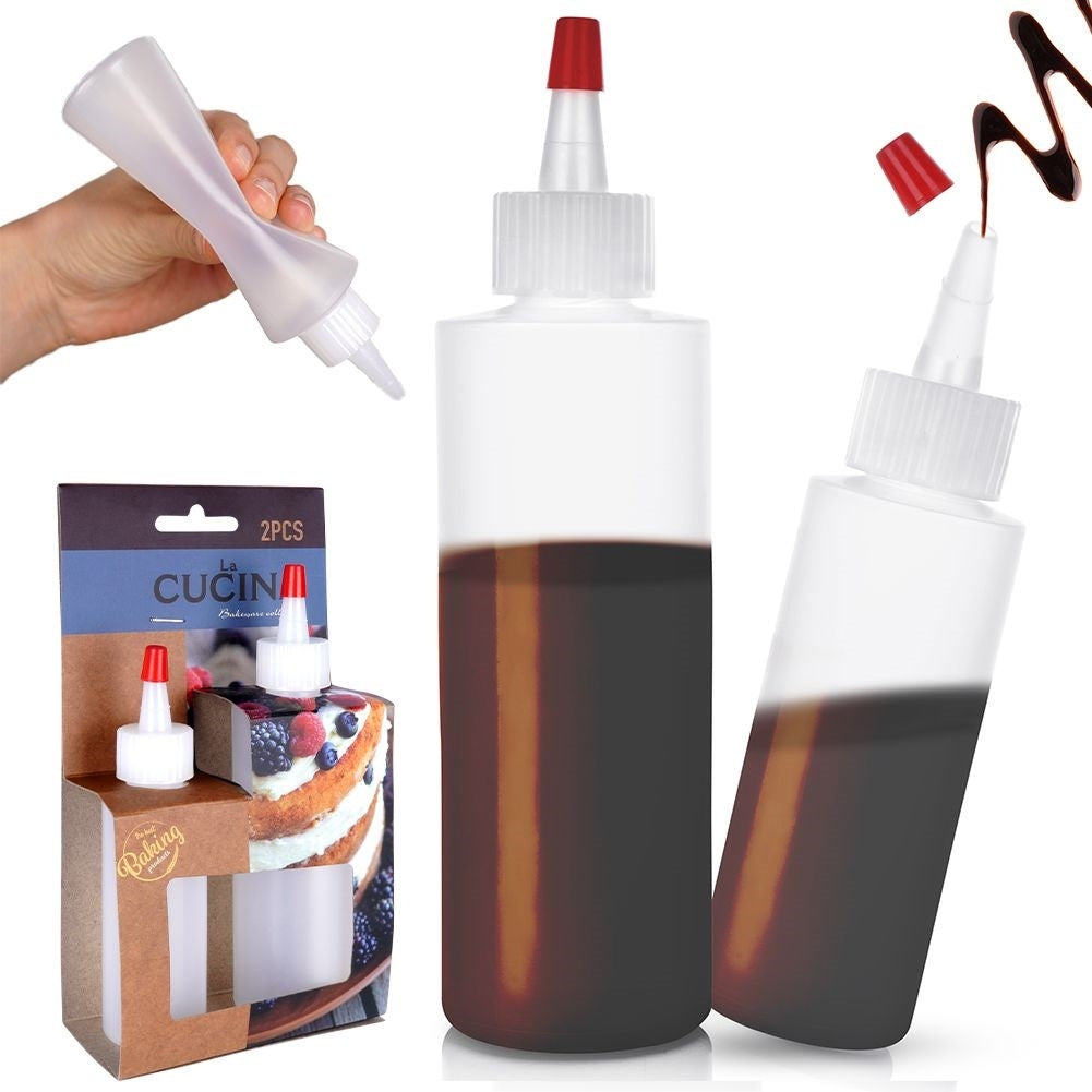 Two bottles for cake decoration, sauce dosage with lid