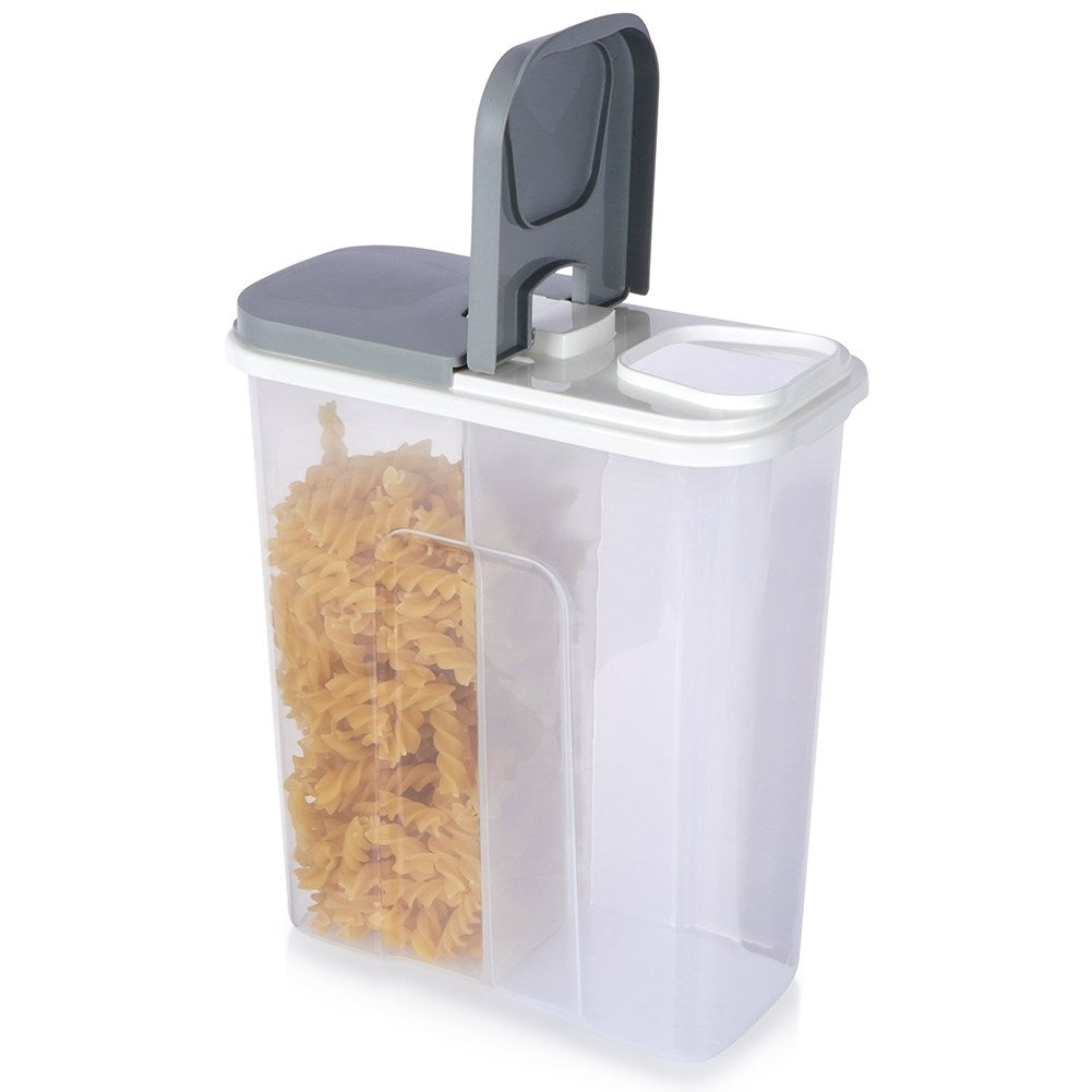 Two-compartment container for dry food with dosing lid