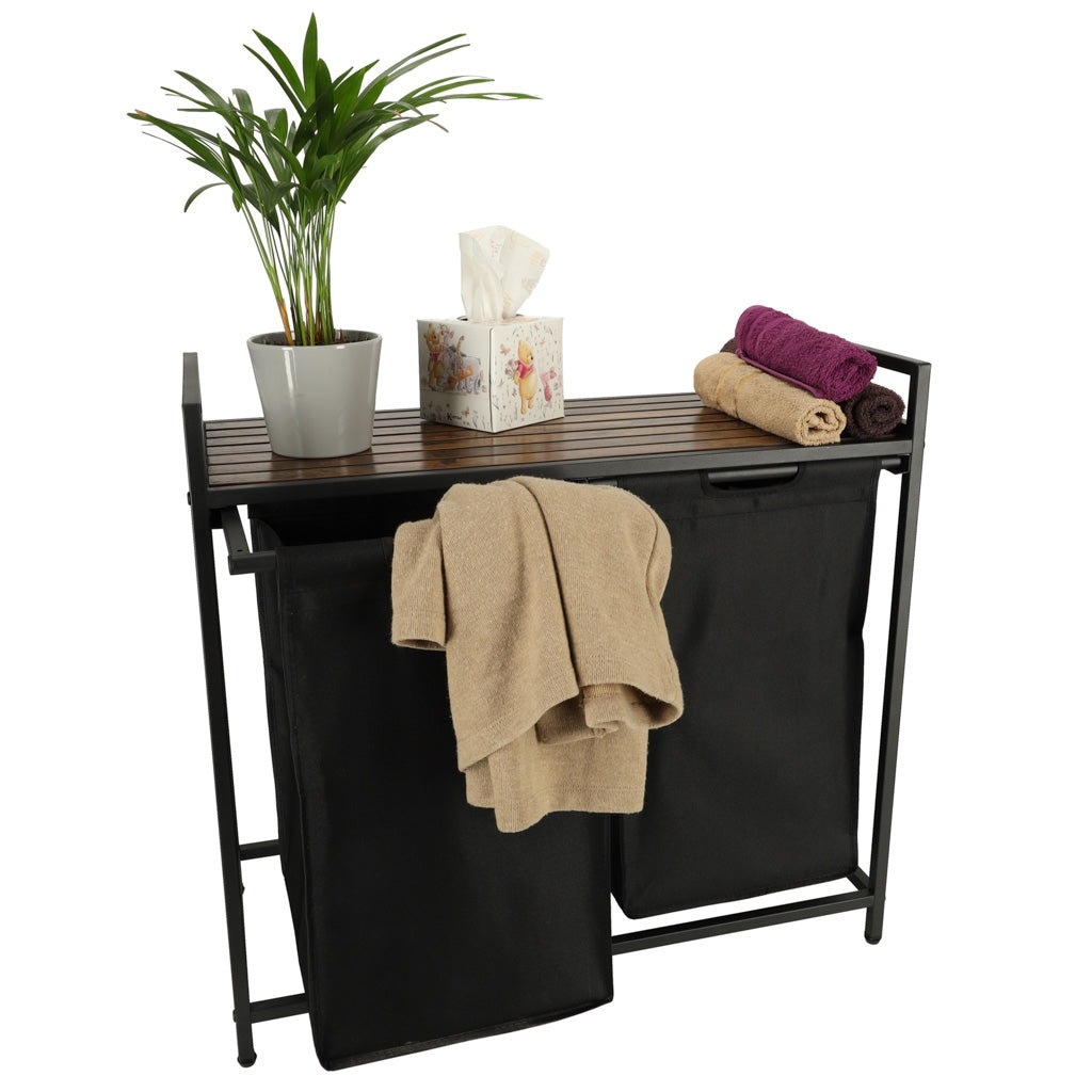 Two-compartment laundry basket with wooden table top shelf rustic LOFT black