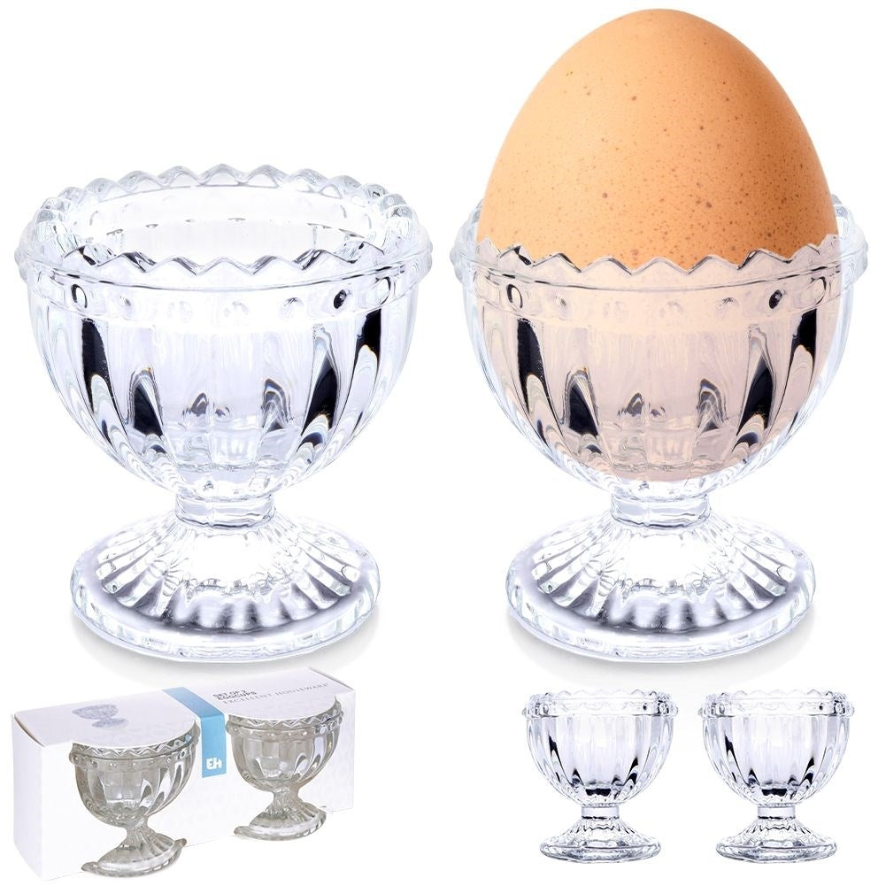 Two elegant glass egg cups, dishwasher safe