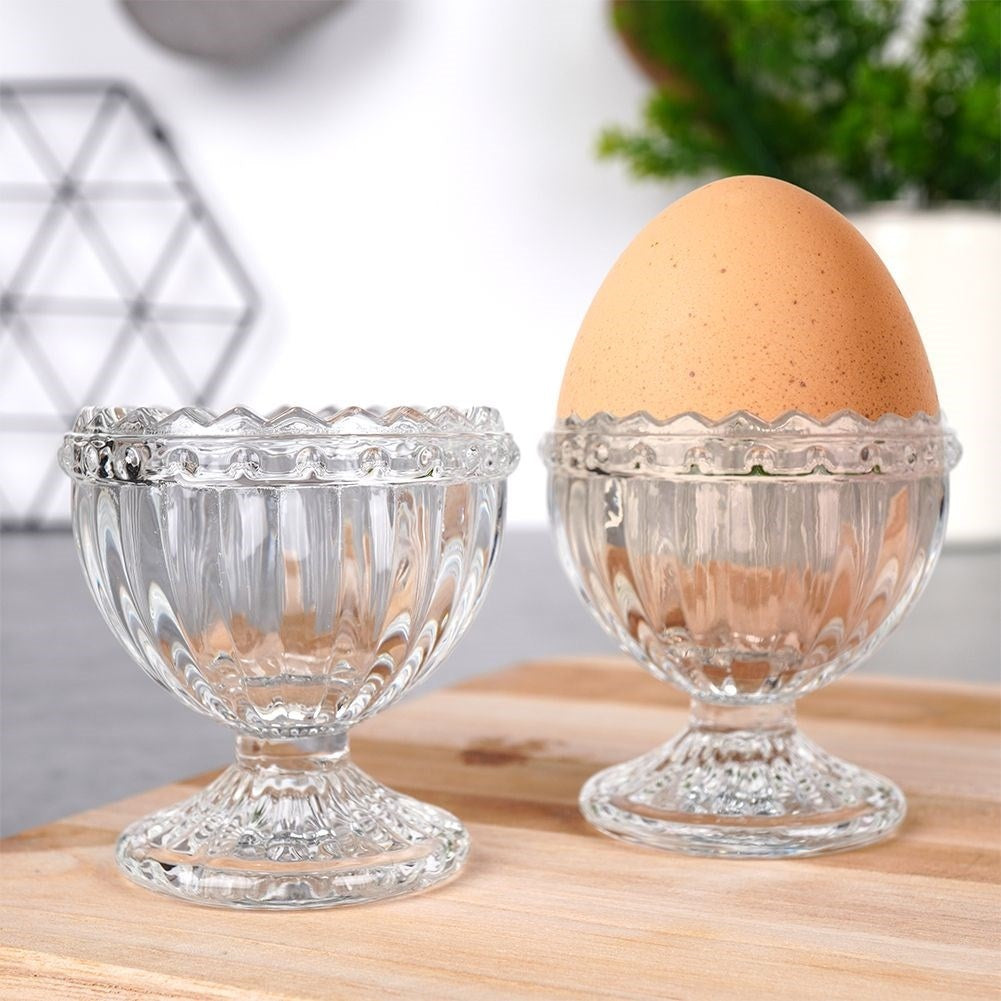 Two elegant glass egg cups, dishwasher safe