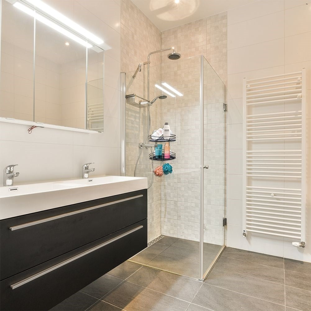 Two-level bathroom shelf in stainless steel with suction cups