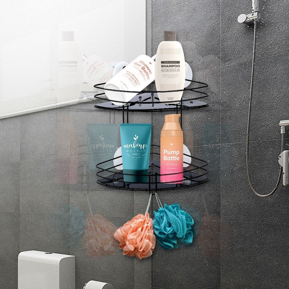 Two-level bathroom shelf in stainless steel with suction cups