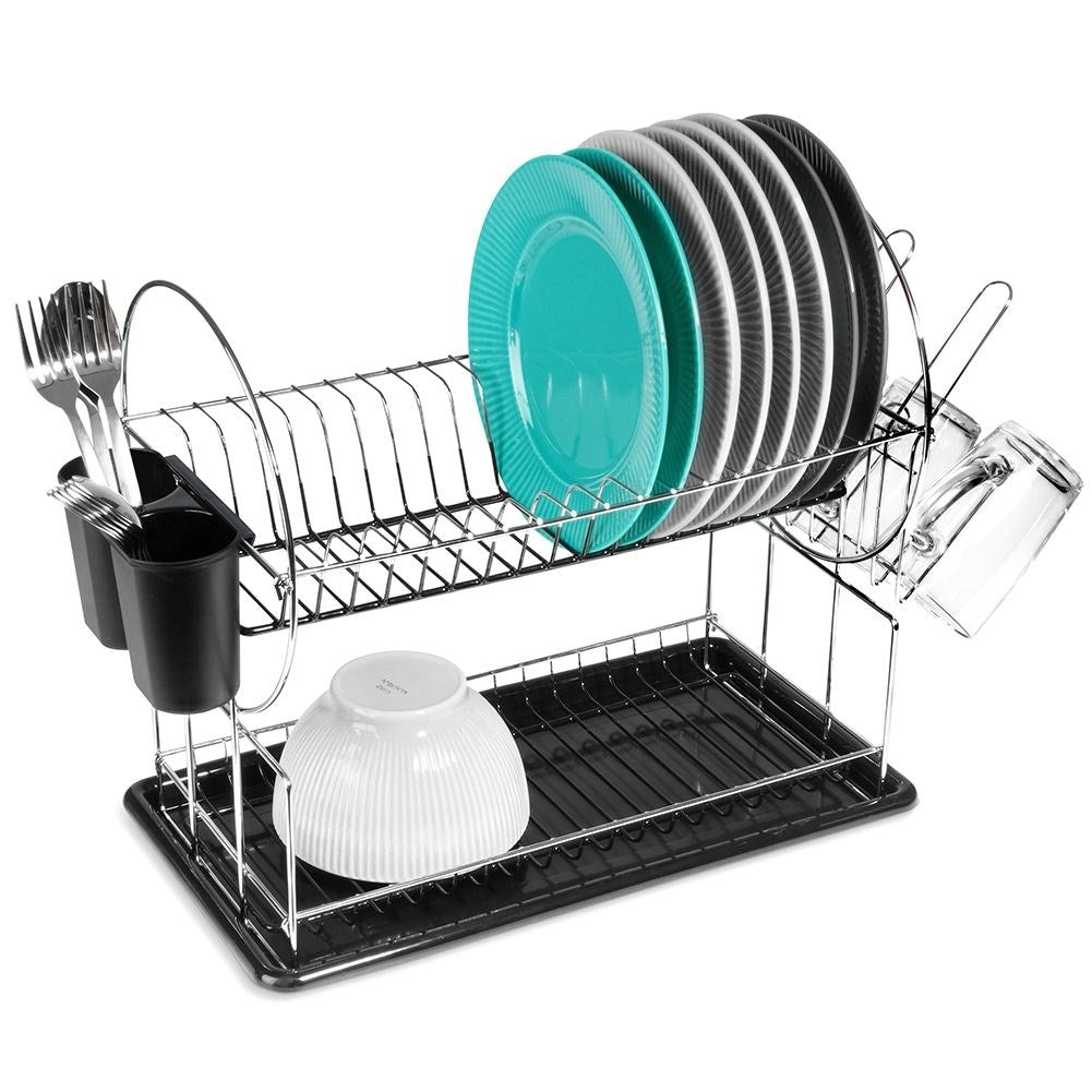 Two-level dish rack for plates, mugs and cutlery