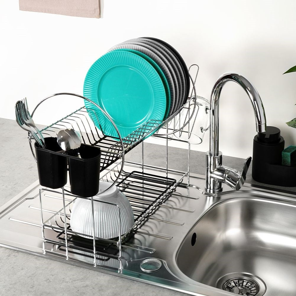 Two-level dish rack for plates, mugs and cutlery