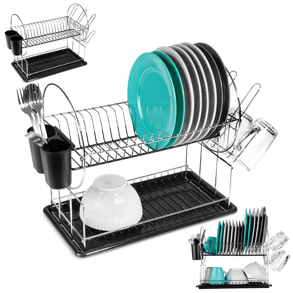 Two-level dish rack for plates, mugs and cutlery