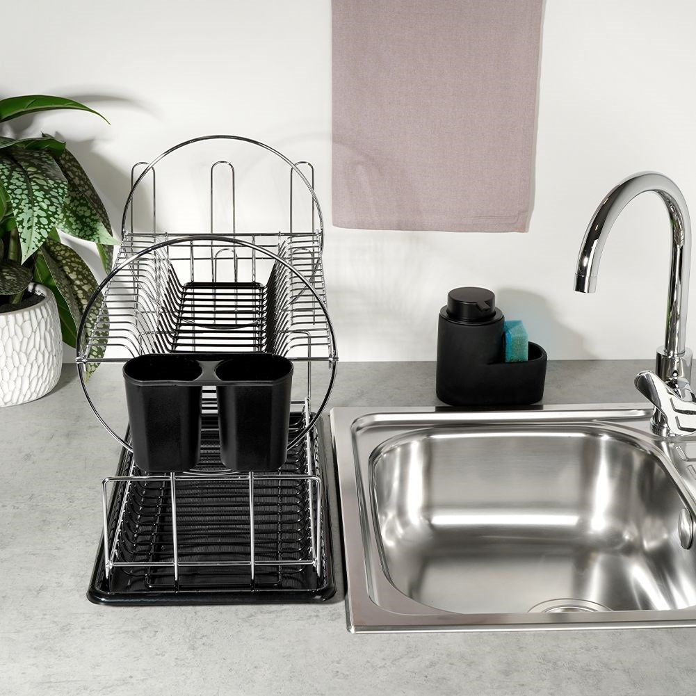 Two-level dish rack for plates, mugs and cutlery