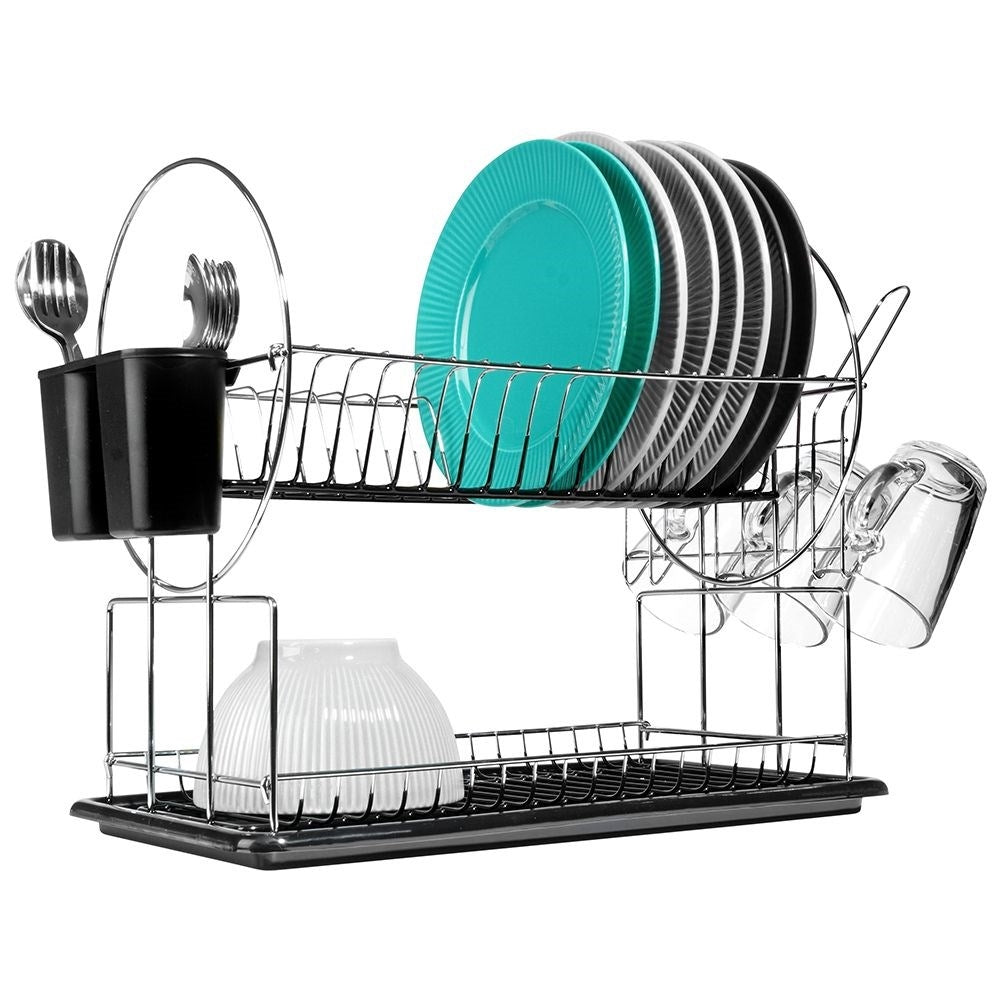 Two-level dish rack for plates, mugs and cutlery