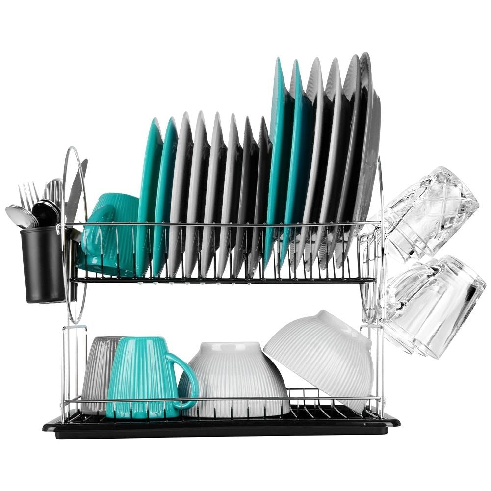 Two-level dish rack for plates, mugs and cutlery