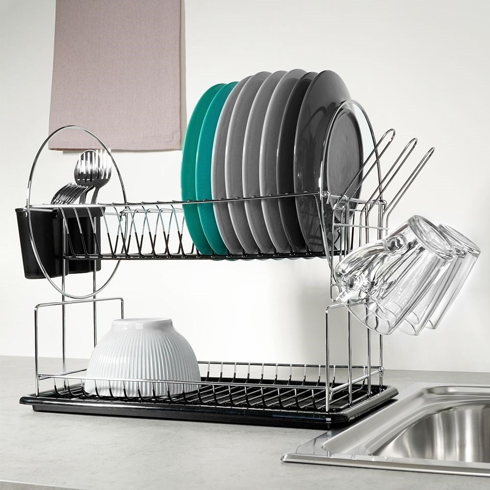 Two-level dish rack for plates, mugs and cutlery
