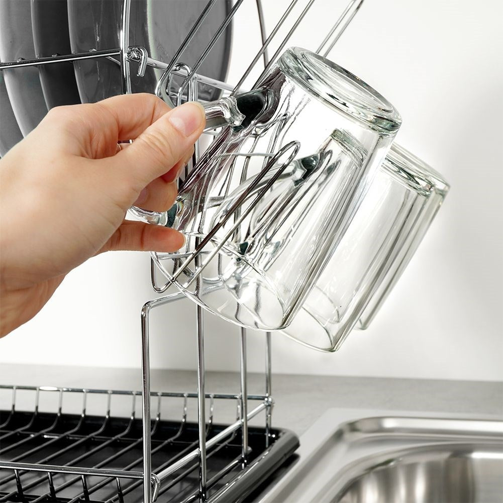 Two-level dish rack for plates, mugs and cutlery