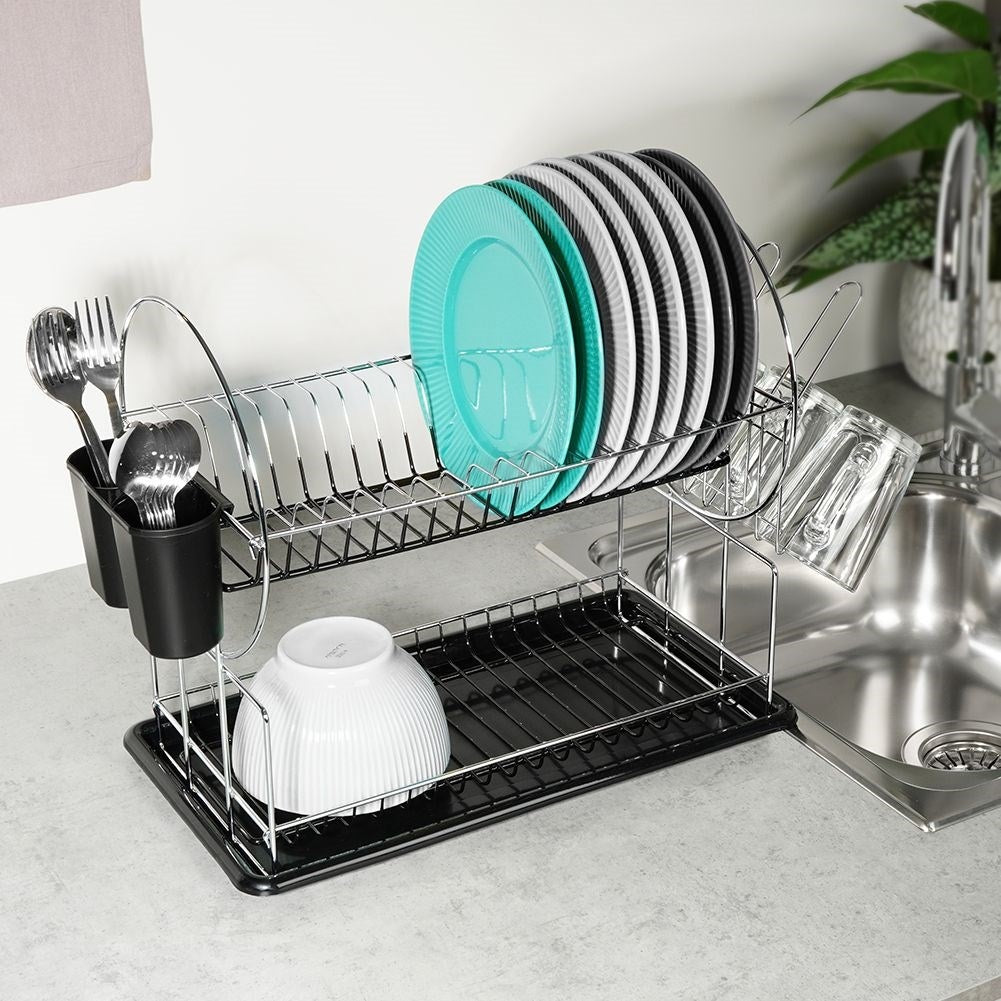 Two-level dish rack for plates, mugs and cutlery