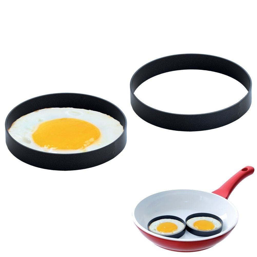 Two round molds for eggs, pancakes and plates