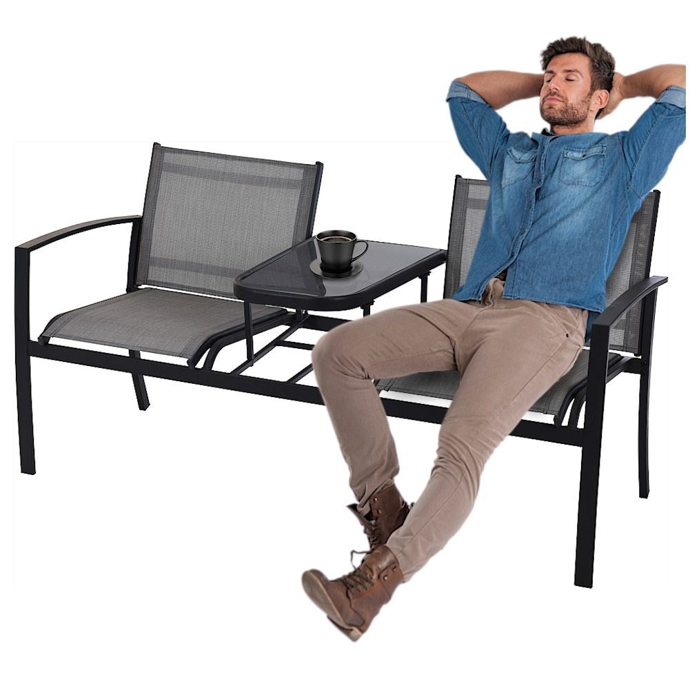 Two-seater bench with table and chairs in gray metal, glass, plastic