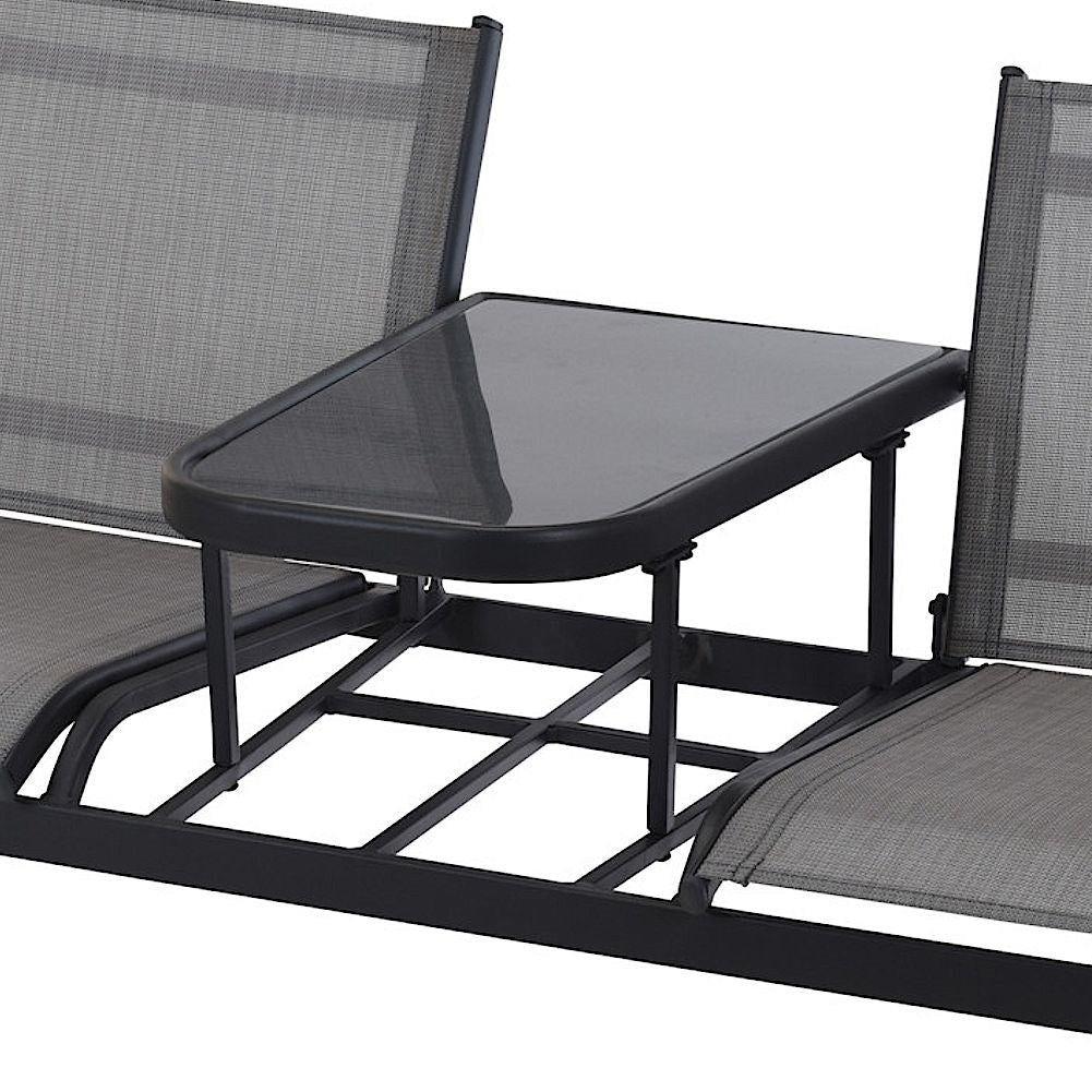 Two-seater bench with table and chairs in gray metal, glass, plastic