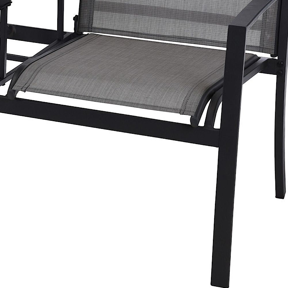 Two-seater bench with table and chairs in gray metal, glass, plastic