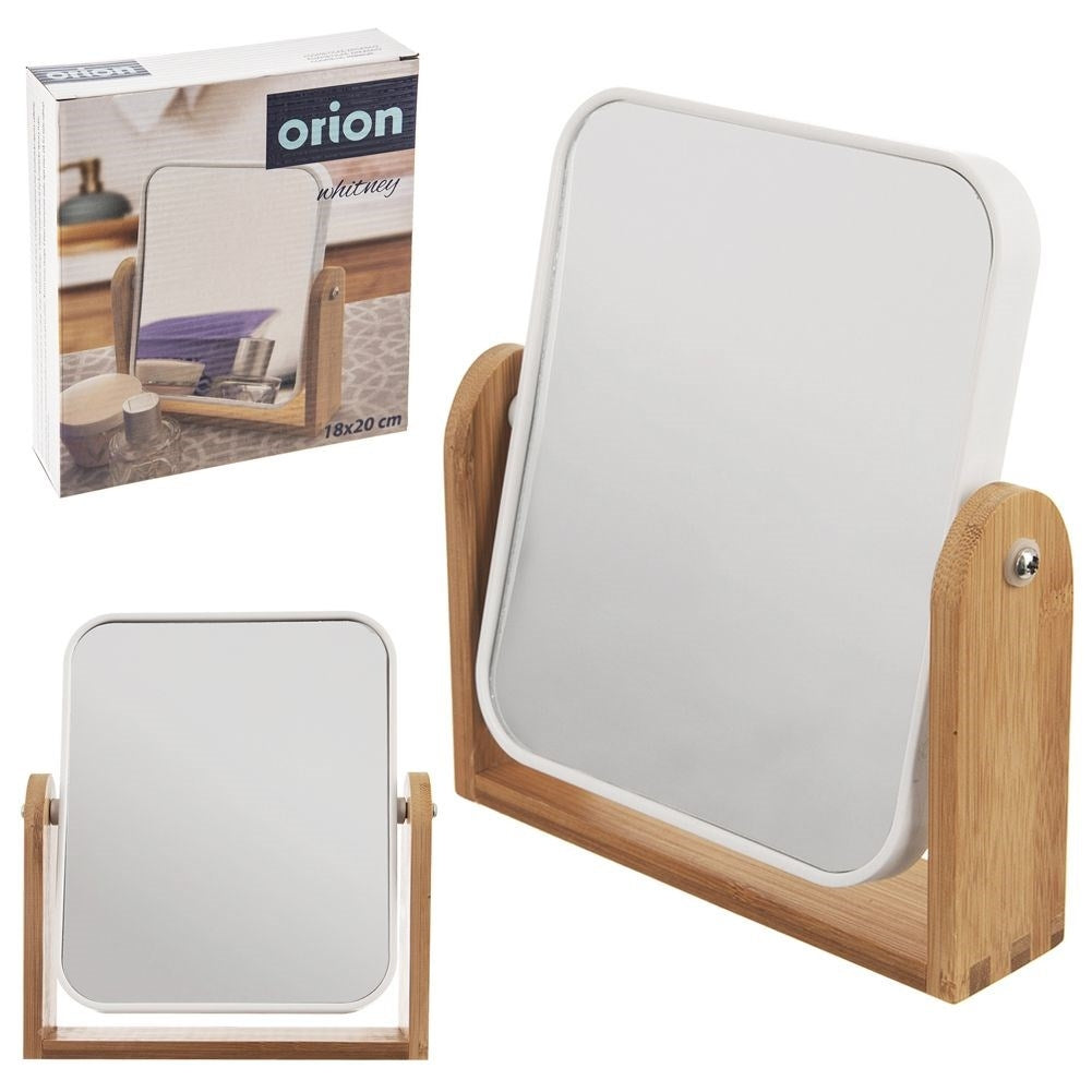 Two-sided mirror on bamboo stand with magnifying function