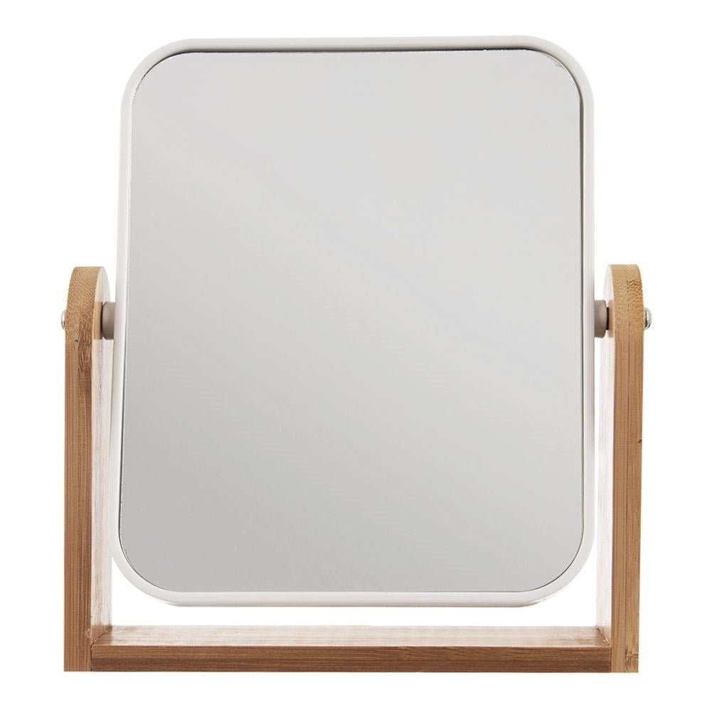 Two-sided mirror on bamboo stand with magnifying function