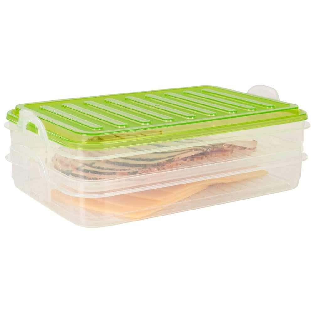 Two-story container for cold cuts, cheese and vegetables