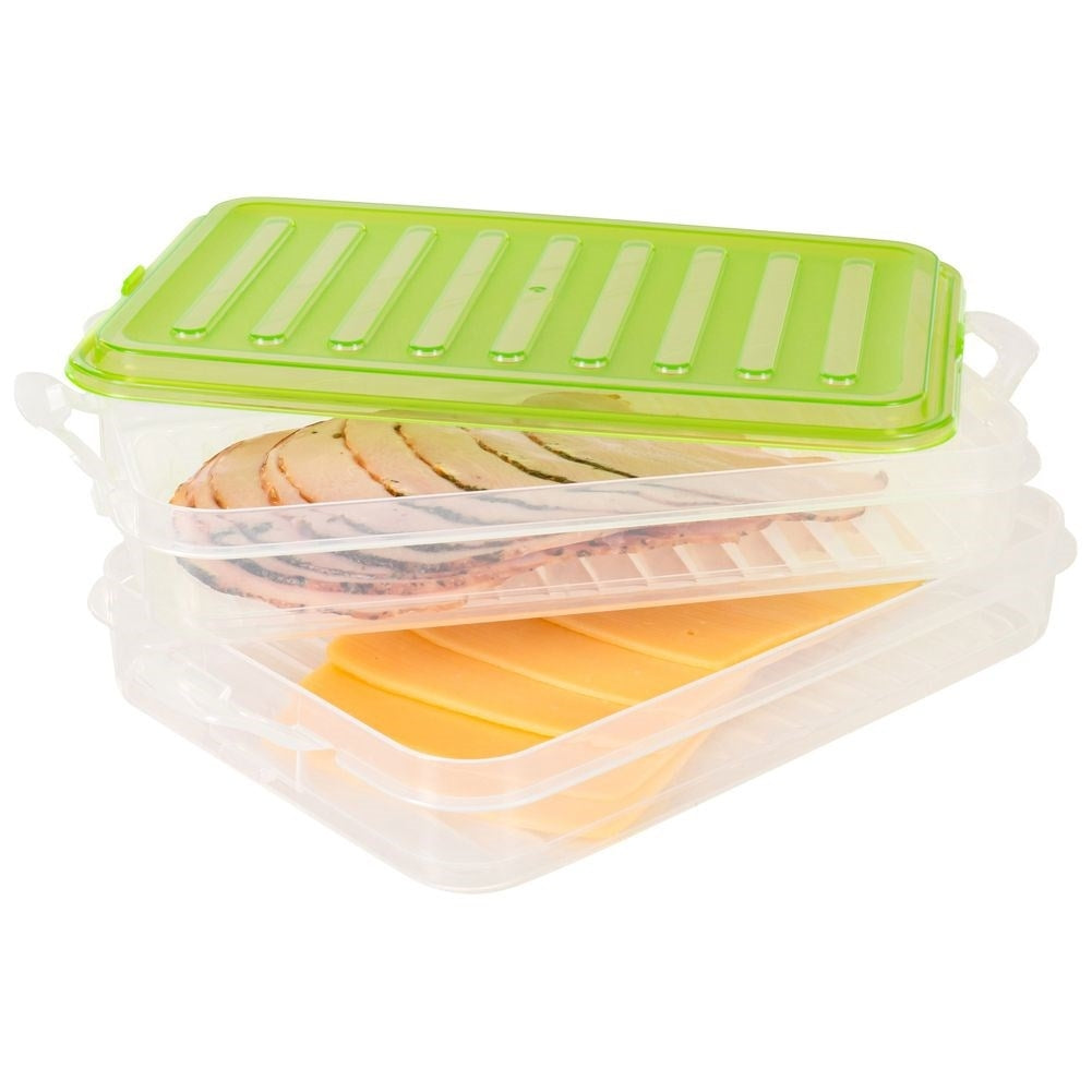 Two-story container for cold cuts, cheese and vegetables
