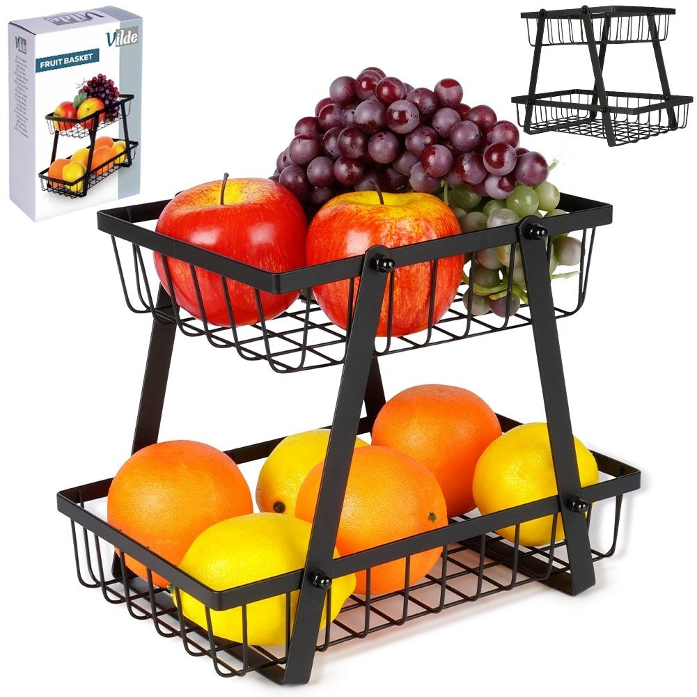 Two-story fruit basket in black industrial metal