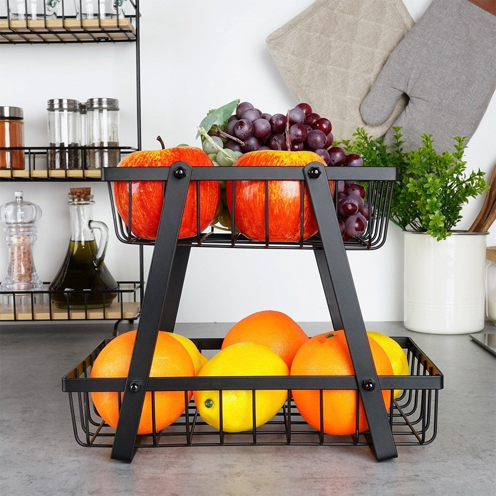 Two-story fruit basket in black industrial metal