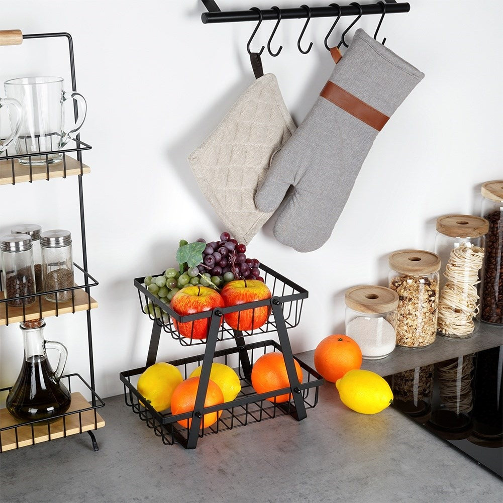 Two-story fruit basket in black industrial metal
