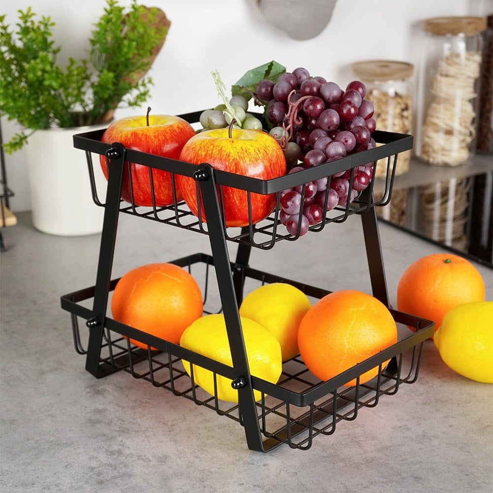 Two-story fruit basket in black industrial metal