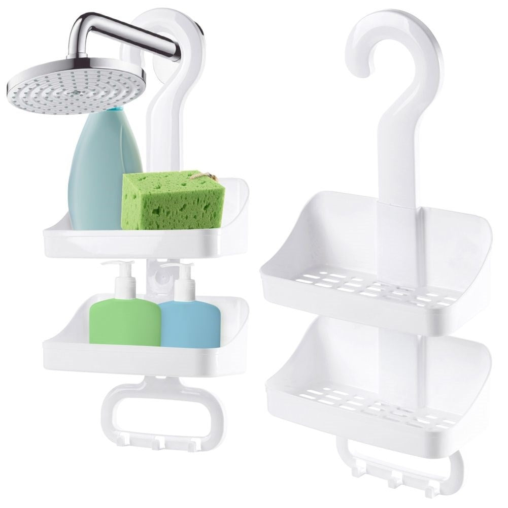Two-tier bathroom shelf with hooks, easy installation.