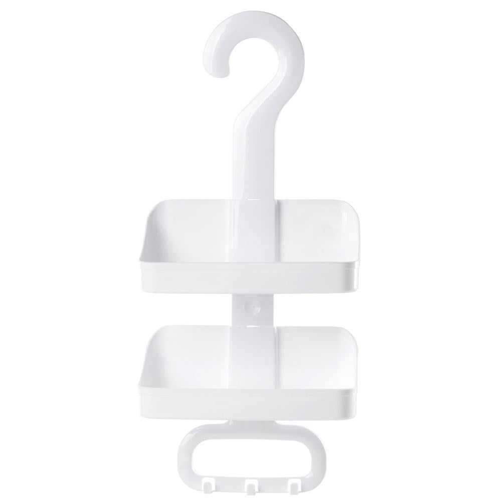 Two-tier bathroom shelf with hooks, easy installation.