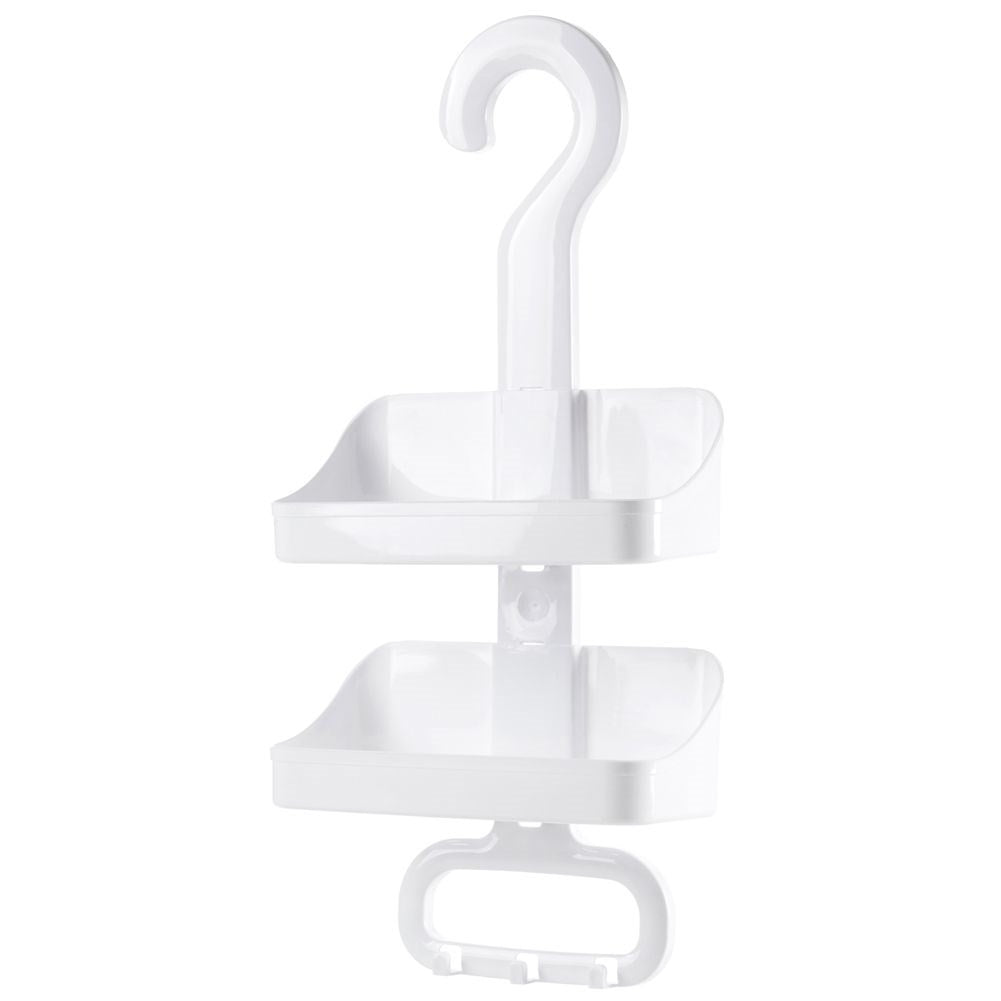Two-tier bathroom shelf with hooks, easy installation.