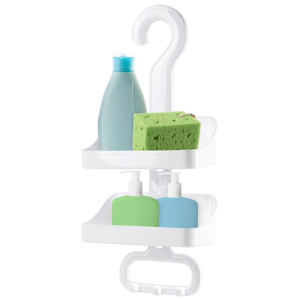 Two-tier bathroom shelf with hooks, easy installation.