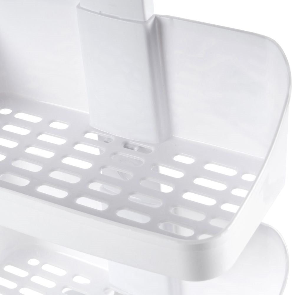 Two-tier bathroom shelf with hooks, easy installation.