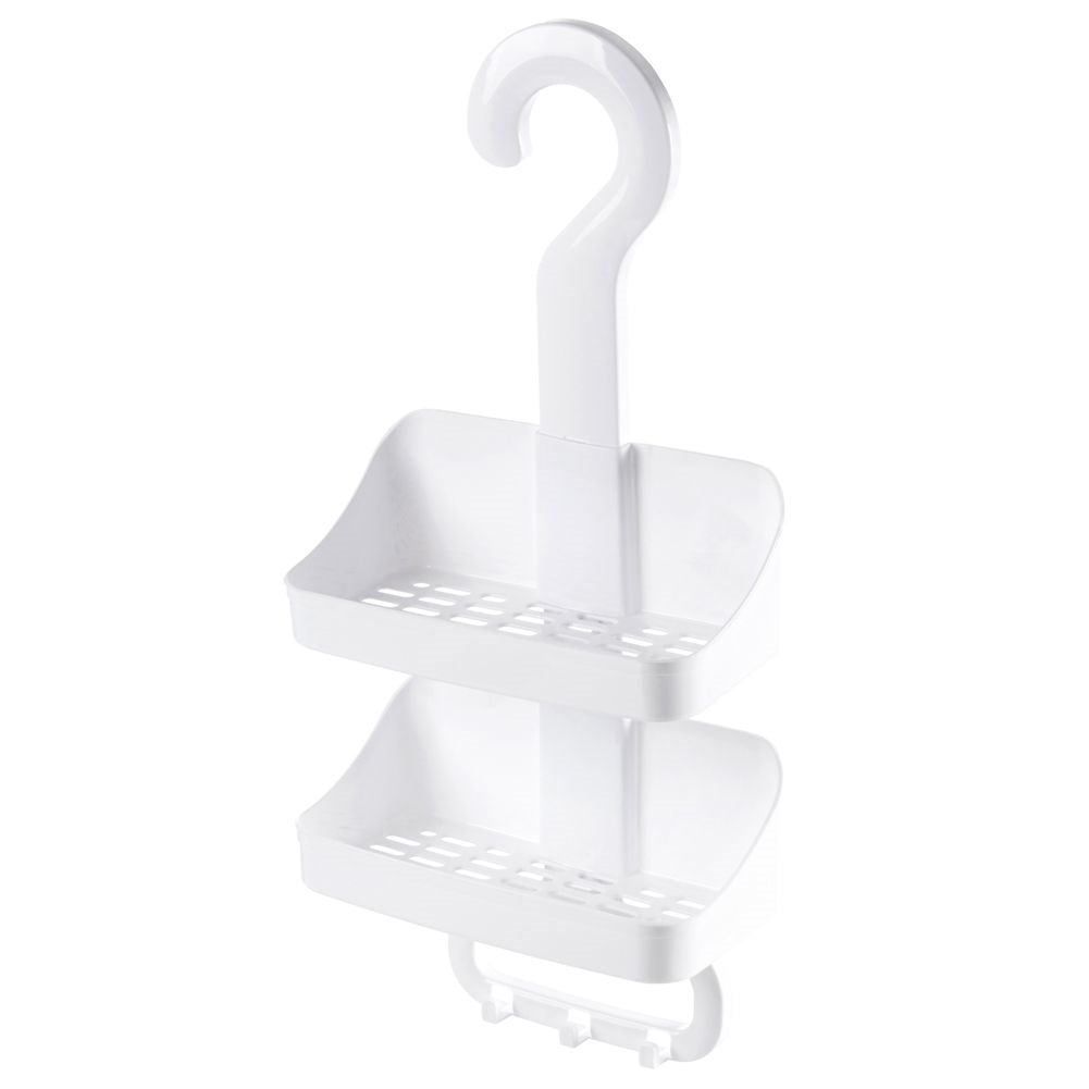 Two-tier bathroom shelf with hooks, easy installation.