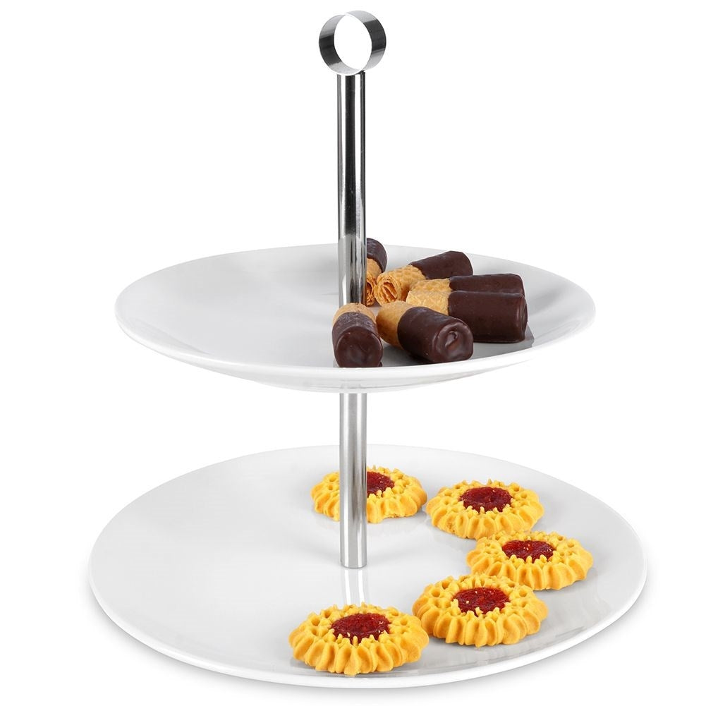 Two-tier cookie dish in white porcelain and stainless steel