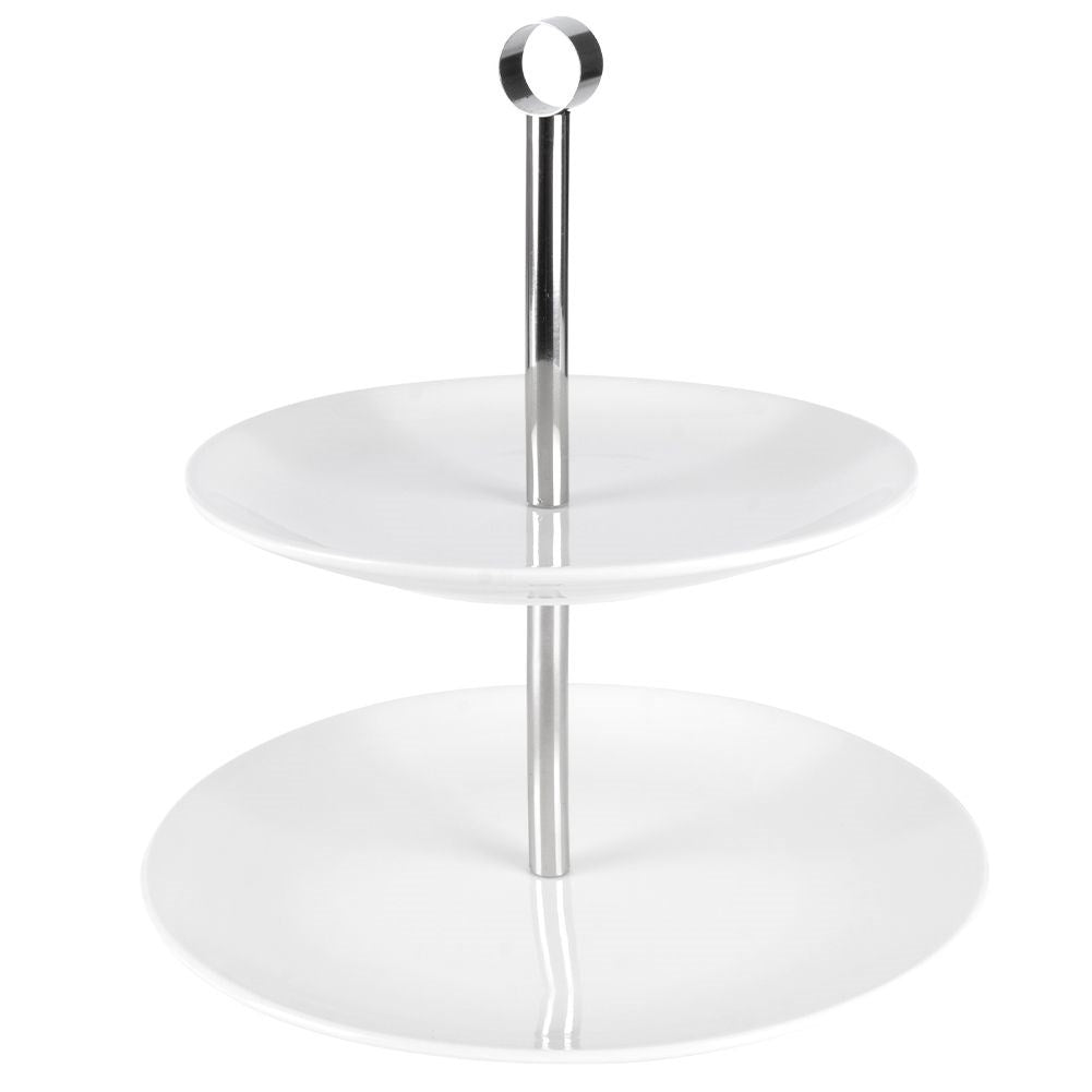 Two-tier cookie dish in white porcelain and stainless steel