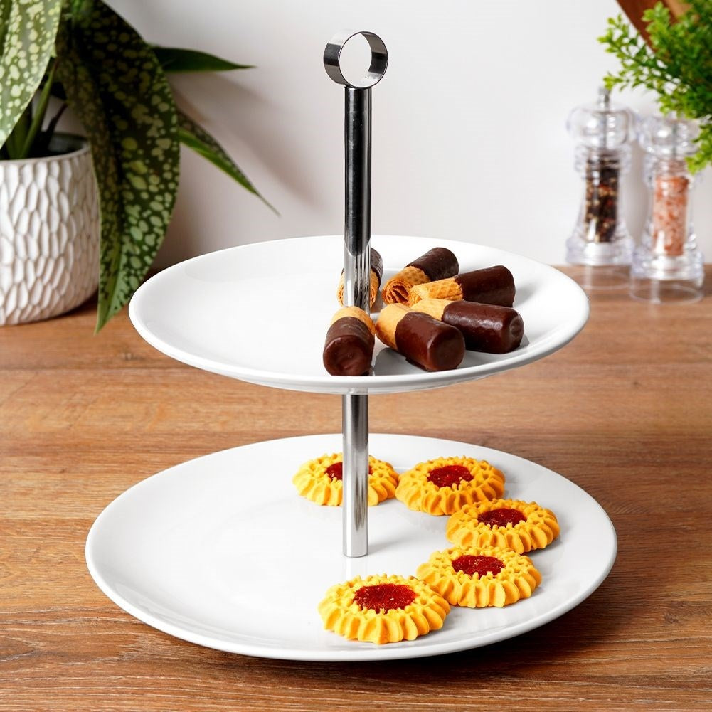 Two-tier cookie dish in white porcelain and stainless steel