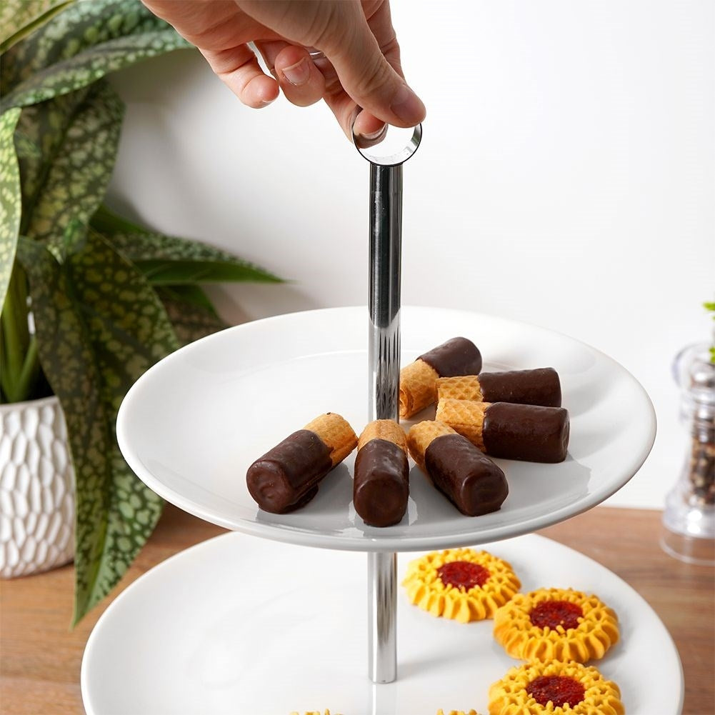 Two-tier cookie dish in white porcelain and stainless steel